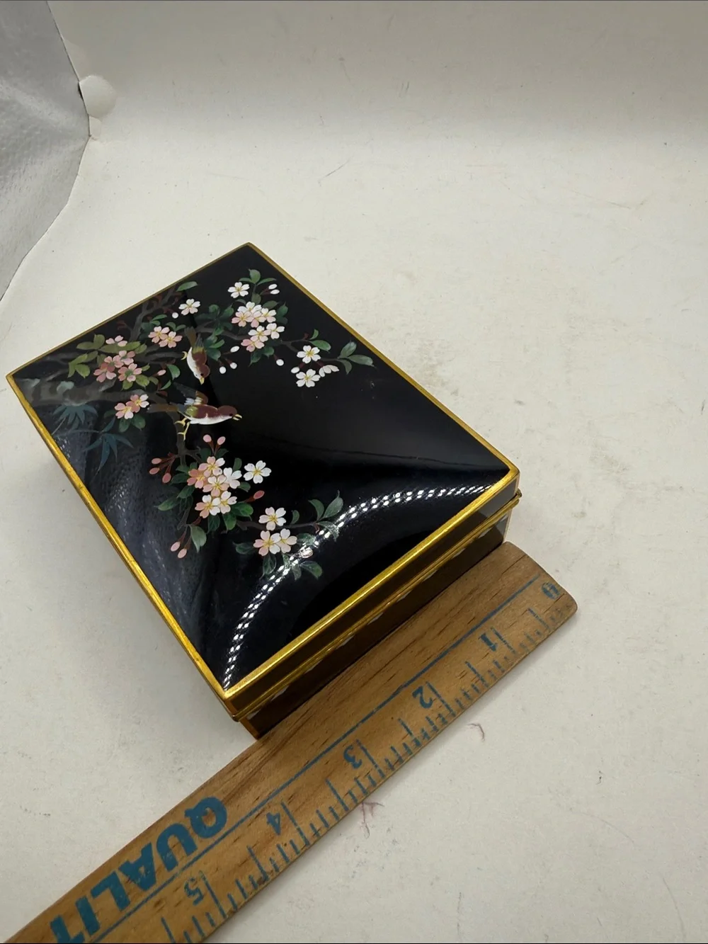 Vtg Japanese Black Lacquer Jewelry  Trinket Box Cherry Blossom Birds Gold Tone
